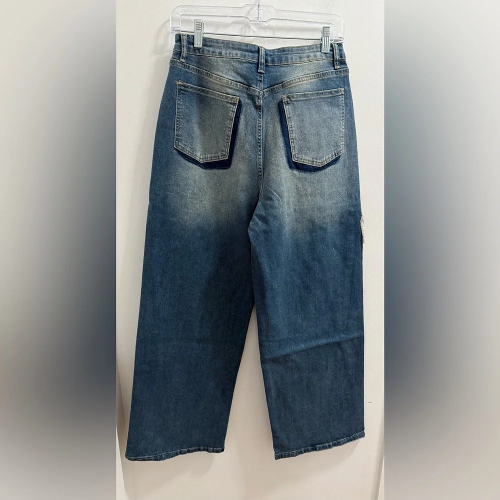 Easel Blue Wide Leg Jeans with Heart Patches - Picture 2 of 2